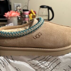 UGG Tan Suede Slippers with Blue Trim